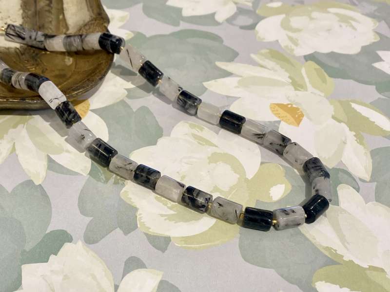Black and White Rutile Quartz Tube Necklace