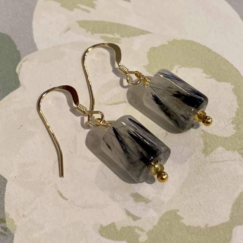 Black and White Rutile Quartz Tube Drop Earrings