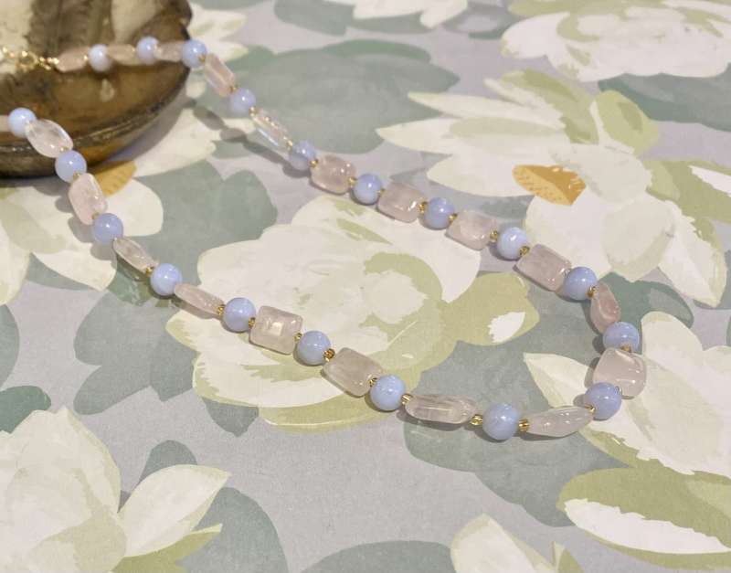 Blue Chalcedony and Pink Quartz Necklace
