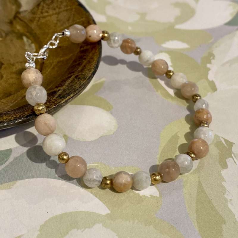 Pink and White Moonstone and Gold Pyrite Bracelet