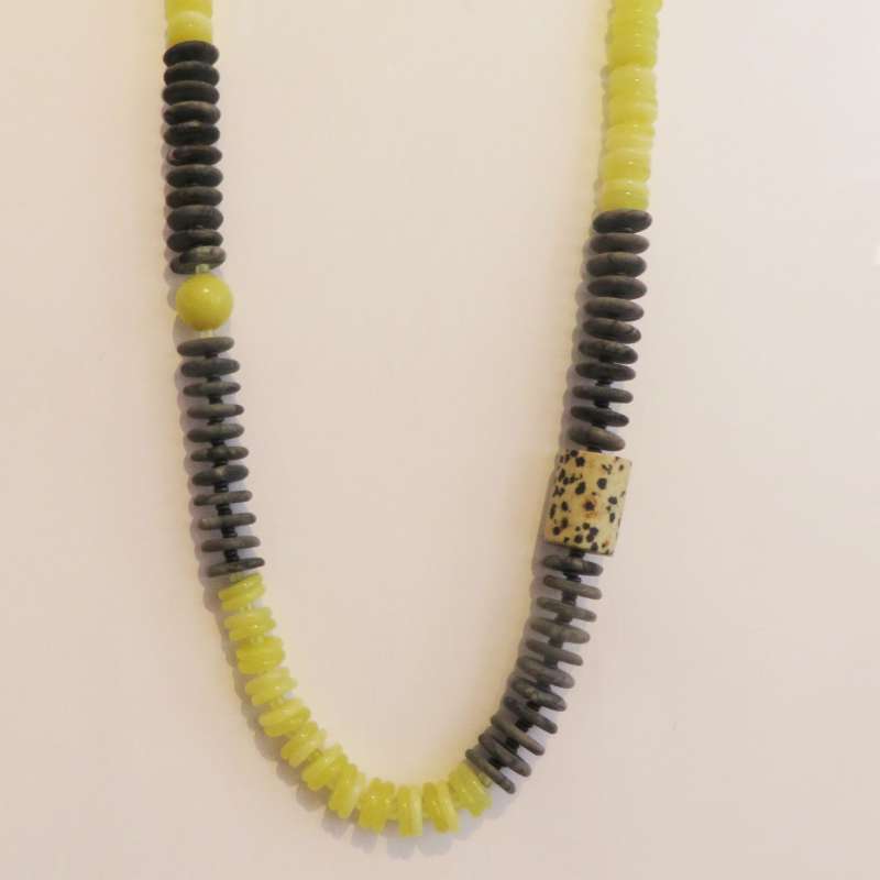 Lemon quartz, grey shell, olive jade and dalmatian jasper